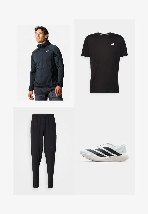 Czarna kurtka zapinana na zamek z dopasowanym krojem. Posiada kaptur, gładką fakturę oraz odblaskowe logo na klatce piersiowej. Dwie kieszenie boczne na zamek.; Czarna bawełniana koszulka z krótkim rękawem, okrągłym dekoltem i białym logo na lewej piersi. Gładka tekstura i prosty design.; Czarne spodnie sportowe z elastycznym pasem, zwężanym krojem, bocznymi kieszeniami i subtelnym logo. Wykonane z elastycznego, przewiewnego materiału.; Lekkie buty do biegania w jasnoniebieskim kolorze z czarnymi pasami. Posiadają gładką cholewkę, okrągły nosek oraz grubą białą podeszwę środkową oznaczoną "LIGHTSTRIKE PRO."