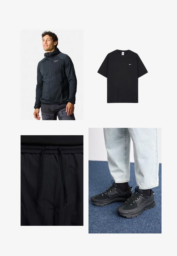 Giacca nera con zip, dal design aderente. Caratterizzata da un cappuccio, una texture liscia e un logo riflettente sul petto. Due tasche laterali con zip.; T-shirt Nike nera realizzata in cotone, con scollo rotondo e maniche corte. Include un piccolo logo Nike bianco sul lato sinistro del petto.; Shorts neri con vita regolabile tramite coulisse, tessuto leggero con una texture liscia e un design semplice senza loghi o motivi visibili.; Scarpe sportive nere con tessuto testurizzato e suole in gomma, dotate di lacci elastici e un accento blu sul tallone. Indossate con pantaloni in denim chiaro.