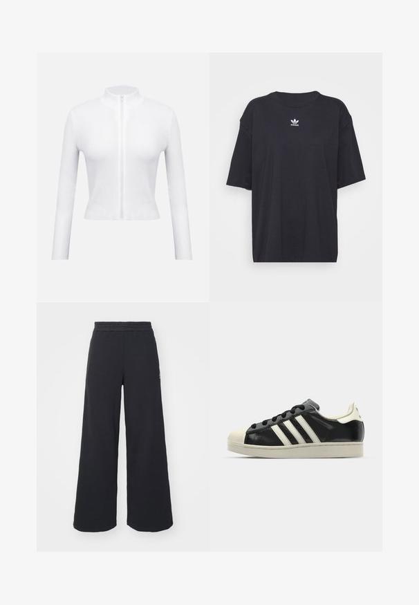 Witte geribbelde top met ritssluiting, lange mouwen en een hoge kraag. Heeft een centrale ritssluiting en een aansluitend ontwerp, met een getextureerd materiaal.; Zwarte katoenen T-shirt met korte mouwen, ronde halslijn, voorzien van een wit Adidas-logo op de borst. Eenvoudig ontwerp, comfortabele pasvorm.; Zwarte wijde sweatpants gemaakt van zachte stof, met een elastische tailleband en een klein logo aan de linkerkant.; Zwarte leren sneaker met witte strepen, rubberen teenbescherming, zwarte veters en een crèmekleurige loopzool. Glad oppervlak met een glanzende afwerking.