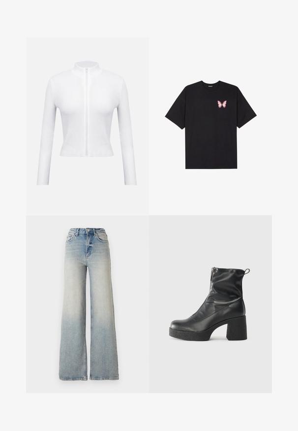 Hvit ribbestrikket zip-up topp med lange ermer og høy krage. Har en sentral glidelås og en figursydd design som viser et teksturert materiale.; Svart bomulls T-skjorte med korte ermer, med en liten rosa sommerfugl grafikk på venstre bryst. Crew-neck design med en avslappet passform.; Lyseblå vide jeans laget av denim, med høy midje, fem lommer og synlige sømmer langs sømmene.; Svarte ankelstøvler laget av glatt lær, med glidelås på siden, chunky strukturert hæl, og rund tå-design.