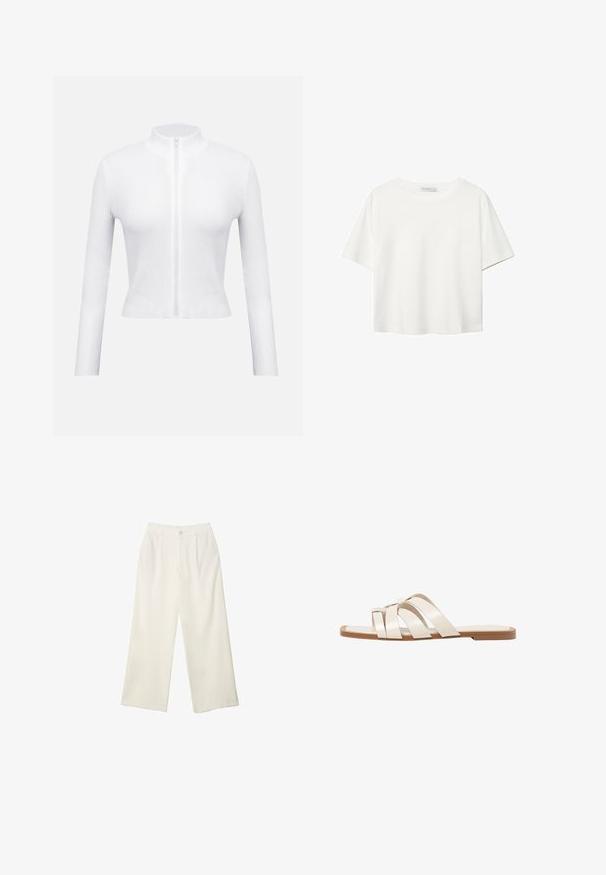 Top bianco a costine con zip, maniche lunghe e collo alto. Presenta una cerniera centrale e un design aderente, con un materiale strutturato.; T-shirt bianco a maniche corte realizzato in cotone. Presenta un collo tondo e una vestibilità rilassata. Texture liscia senza motivi o dettagli visibili.; Pantaloni a gamba larga in tessuto crema con una texture liscia, caratterizzati da un singolo bottone frontale, pieghe sottili e un design a vita alta.; Infradito con suola in gomma color talpa, progettate con tre cinturini in pelle bianca sovrapposti e un piccolo dettaglio a fiocco al centro.