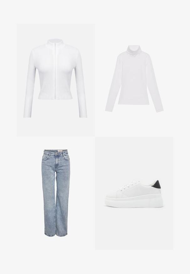Baltas ribotas užtrauktuku užsegamas viršus su ilgomis rankovėmis ir aukštu apykakle. Yra centrinis užtrauktukas ir lieknas dizainas, pabrėžiantis tekstūruotą medžiagą.; Baltas ilgomis rankovėmis turtleneko tipo marškinėliai, pagaminti iš lygaus, tamprus audinys. Yra aukštas apykaklė ir prisitaikantis dizainas, be matomų raštų ar papuošimų.; Šviesiai mėlyni plačios kojų džinsai, pagaminti iš džinsinio audinio, pasižymintys aukštu liemeniu, penkių kišenių dizainu ir subtiliu blukimu, kad atrodytų jau dėvėti.; Balti platforminiai sportbačiai, pagaminti iš lygios sintetinio audinio, su apvaliu pirštu, raištelių užsegimu ir tekstūruota guma padanga. Juodas kulno akcentas.
