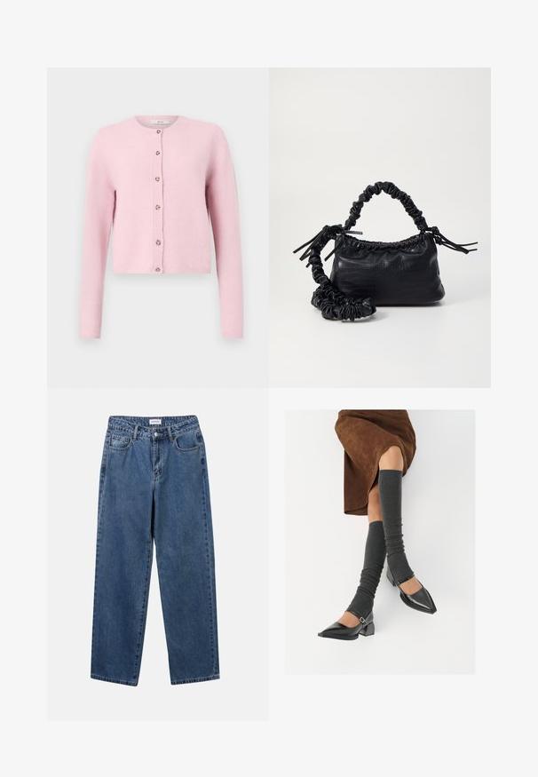 JDY JDYCHLOE LIFE LS - Kardigan - sweet lilac; Bílá košile na knoflíky vyrobená z hladké bavlny, s klasickým límcem, dlouhými rukávy a zakřiveným spodním lemem. Knoflíky jsou malé a bílé.; Klasické modré džíny z denimu se střihy rovné nohy, pěti kapsami a zapínáním na knoflík. Mají střední odstín a odolnou texturu.; Černé lakované boty s špičatou špičkou, blokovým podpatkem a kotníkovým páskem, spárované s šedými žebrovanými návleky na nohy a hnědskou sukní z semiše.; Černá kabelka z umělé kůže s krokodýlím vzorem, staženým vrškem a zmačkaným popruhem. Zdá se, že má měkký a kompaktní design.