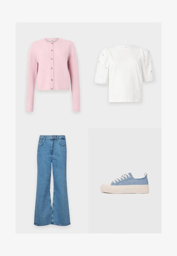 JDY JDYCHLOE LIFE - Cardigan - sweet lilac; Tricou alb din bumbac cu mâneci scurte tip bufantă, având mici embellisheuri argintii pe mâneci. Decolteu clasic rotund, croială lejeră.; Jeanși evazați de culoare albastru deschis, din denim, cu talie înaltă, cinci buzunare și închidere cu un singur buton. Textură moale cu un finisaj decolorat.; Sneakers din pânză de culoare albastru deschis, cu vârf și talon din cauciuc crem, având șireturi albe și un maner pe călcâi.