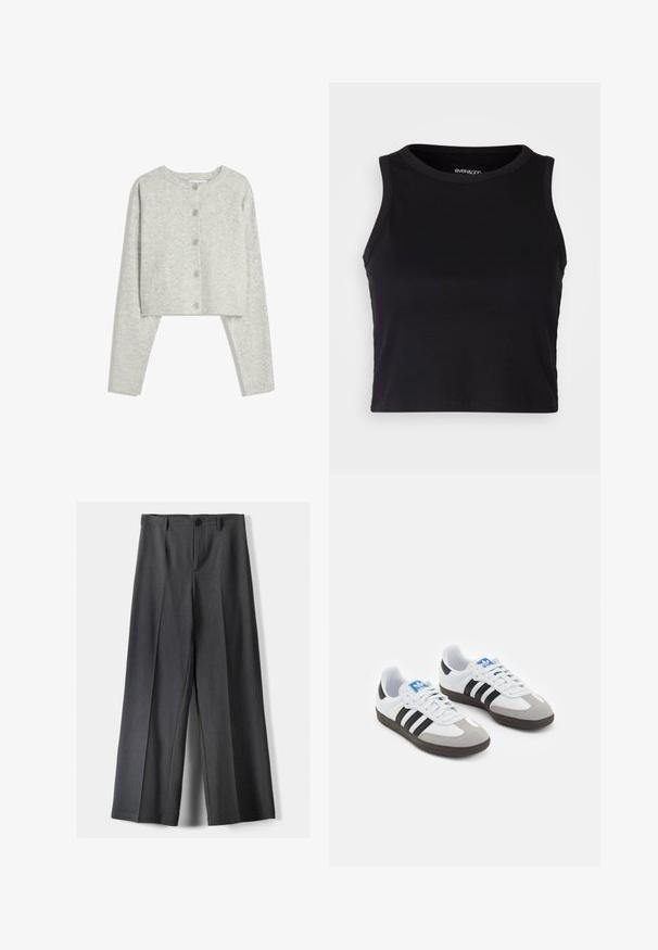 Világosszürke rövidített kardigán hosszú ujjakkal, kerek nyakkivágással és öt elülső gombbal fehér háttéren.; Fekete bordás crop tank top kerek nyakkivágással és ujjtalan dizájnnal. Puha, rugalmas anyagból készült, tiszta, lekerekített szélű részletekkel.; Széles szárú nadrág sötétszürke anyagból, gombos záródással, elülső redőkkel és övhurkokkal. Simára kialakított textura, igényes szabással.; Fehér bőr felsőrészes sportcipő, szürke velúrból készült orral és három fekete csíkkal. Jellemzője a kék logó a nyelvén és egy texturált gumitalp.