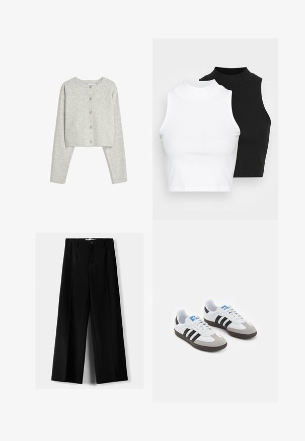 Hellgrauer, kurzer Cardigan mit langen Ärmeln, rundem Halsausschnitt und fünf vorderen Knöpfen auf einem weißen Hintergrund.; Zwei ärmellose, gerippte Rollkragenoberteile in Schwarz und Weiß, mit einer figurbetonten Passform und glatter Textur sowie einer cropped Länge.; Schwarze weite Hosen aus leichtem Stoff, mit einem Knopfverschluss vorne und flachem Bund, mit sorgfältig genähten Säumen.; Sportschuhe mit einem Obermaterial aus weißem Leder, grauer Wildleder-Zehenkappe und drei schwarzen Streifen. Sie verfügen über ein blaues Logo auf der Zunge und eine strukturierte Gummisohle.