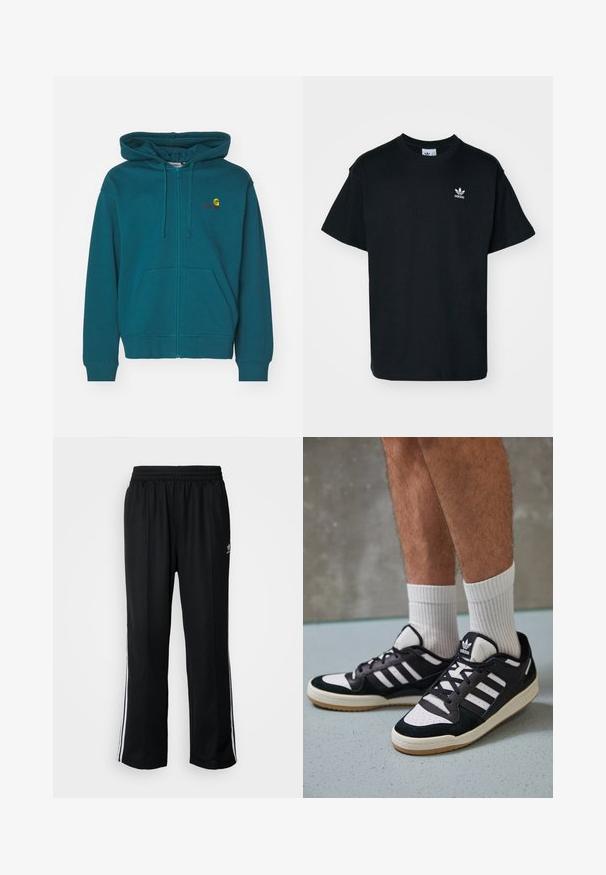 Turkusowa rozpinana bluza z kapturem, z przednią kieszenią, regulowanym kapturem na sznurki i haftowanym logo na klatce piersiowej. Miękka tkanina z mieszanki bawełny.; Czarna bawełniana koszulka z okrągłym dekoltem i krótkimi rękawami, z małym białym logo Adidas na lewej stronie klatki piersiowej.; Czarne sportowe spodnie z elastycznym paskiem w talii, z białymi paskami po bokach i małym logo. Materiał wydaje się miękki i lekki.; Czarno-białe sneakersy z zamszową i skórzaną cholewką, z trzema białymi paskami, perforowanym czubkiem i gumową podeszwą w kolorze gumy.