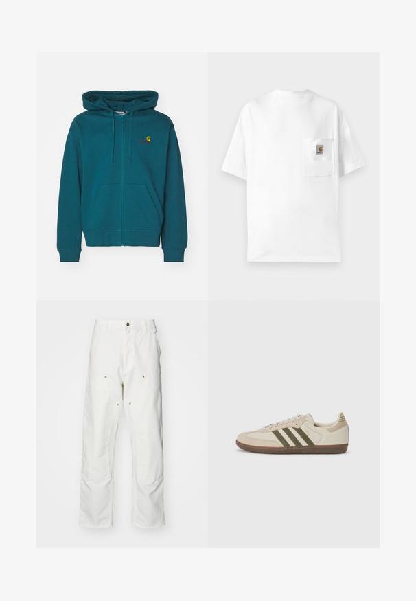 Teal Farbener Reißverschluss-Hoodie mit einer Fronttasche, verstellbarem Kordelzug an der Kapuze und gesticktem Logo auf der Brust. Weicher Baumwollmischstoff.; Weißes Baumwoll-T-Shirt mit rundem Halsausschnitt, kurzen Ärmeln und einer Brusttasche mit Logoplatte. Minimalistisches Design und nahtlose Textur.; Weiße Baumwoll-Cargohose mit lockerer Passform. Zu den Merkmalen gehören Fronttaschen, goldfarbene Hardware-Akzente und verstärkte Kniebereiche.; adidas Originals SAMBA OG UNISEX - Sneaker low - alumina/medium dark khaki/gum