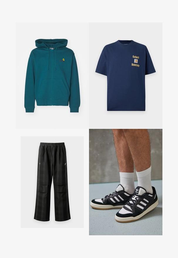 Teal zip-hettetrøye med frontlomme, justerbar snorhette og brodert logo på brystet. Myk bomullsblanding.; Mørk blå bomull t-skjorte med korte ermer, med gulltekst "Carhartt University" og et logo-patch på venstre bryst.; Svarte rutete bukser med elastisk midje, to frontlommer og løs passform med rett ben-design. Laget av lett materiale.; Sorte og hvite sneakers med overdel i semsket skinn og lær, med tre hvite striper, perforert tå og en såle av gummi.