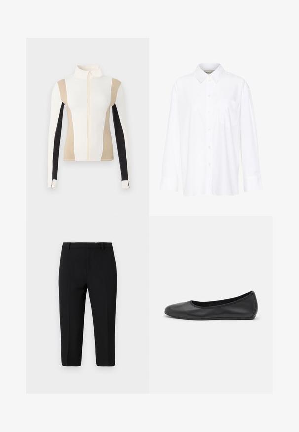 Veste zippée légère en tissu lisse. Dotée de panneaux en blocs de couleurs crème, beige et noir avec des coutures blanches contrastantes.; Chemise blanche à manches longues avec col, en coton. Présente un devant à boutons et une poche poitrine unique. Texture lisse, coupe décontractée.; Pantalons noirs ajustés en matériau léger, présentant une texture lisse, une coupe droite et des plis avant pour un look soigné.; Ballerines en cuir noir avec un bout rond, texture lisse, détails de couture minimalistes et design de semelle flexible.