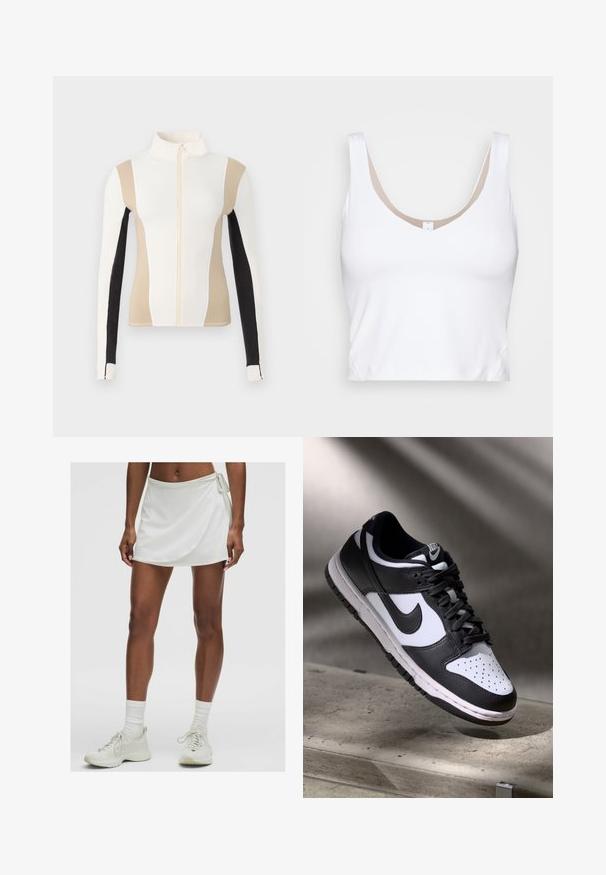 Viegls zip-up jaciņš, kas izgatavots no gludas auduma. Iezīmēts ar krāsu blokiem krēmkrāsā, bēšā un melnā ar kontrastējošām baltām vīlēm.; Balta īsā blūze ar apaļu kakla izgriezumu un platām plecu siksnām. Izgatavota no gludas, elastīgas auduma ar beigās akcentētu odere kakla izgriezumā.; Baltas sporta svārku šorts ar apviju dizainu, izgatavots no gludas auduma. Ar sānu auklu un kombinēts ar gaišas krāsas treniņbotiem un zeķēm.; Melnbaltas Nike Dunk Low sporta apavi ar ādas augšdaļu, caurdurta pirkstu kaste un melnām šņorēm, ar baltu zoli un logo akcentiem.