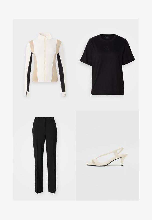 Veste zippée légère en tissu lisse. Dotée de panneaux en blocs de couleurs crème, beige et noir avec des coutures blanches contrastantes.; T-shirt en coton noir avec un col rond, des manches courtes et un logo brodé sur la poitrine. Coupe simple et décontractée sans motifs.; Pantalon noir ajusté avec une coupe droite, présentant une texture lisse et des plis nets sur le devant. Aucune quincaillerie visible.; Sandales beiges à talons carrés avec des fines brides et un bout carré. Matière lisse avec des détails minimaux, conçues pour un port facile.