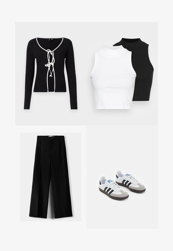 Svart långärmad topp med V-ringning, med vit kant och dekorativ knytning framtill. Tillverkad av ett ribbat tyg.; Två ärmlösa ribbade polotröjor i svart och vitt, med en figursydd design och slät textur, i en kortad längd.; Svarta vida byxor i lätt material, med knappstängning fram och platt front, samt väl sydda fållar.; Sportskor med överdel i vit läder, grå mocka på tårna och tre svarta ränder. Har en blå logotyp på tungan och en texturerad gummisula.