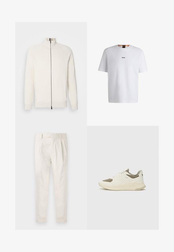 Vit zip-up tröja med hög krage, raglanärmar och en slät yta. Har en svart dragkedja och enfärgad design.; Vit bomull T-shirt med korta ärmar, med en svart "BOSS"-logotyp centrerad på bröstet och en rund nackdesign.; Vita, plisserade byxor med skräddarsydd passform, med en mjuk yta, bälteshängare och avsmalnande ben. Inga synliga fickor eller mönster.; Vit och ljusbeige atletisk sneaker med ett meshöverdrag, perforerade detaljer och en texturerad mellansula med varumärke på hälen.