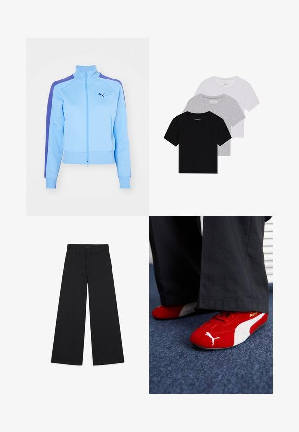 Helle blaue Zip-Jacke mit Stehkragen, lila Schulterstreifen und Fronttaschen. Sie verfügt über gerippte Bündchen und einen gerippten Saum sowie ein Logo auf der Brust.; Set aus drei kurzärmeligen T-Shirts in Schwarz, Grau und Weiß. Hergestellt aus Baumwolle, mit Rundhalsausschnitt und einem einfachen, einfarbigen Design.; Schwarze, weit geschnittene Hosen aus einem weichen, gewebten Stoff. Mit Bügelfalten, Gürtelschlaufen und einem sauberen, maßgeschneiderten Finish.; Rote Wildledersneaker mit weißen Akzenten, aus strukturiertem Material, mit runder Zehenpartie und einem goldenen Logo an der Seite, getragen mit schwarzen Hosen.