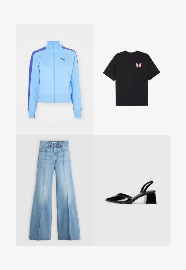 Chaqueta de color azul claro con cremallera y cuello alto, rayas moradas en los hombros, y bolsillos frontales. Presenta puños y dobladillo acanalados, con un logo en el pecho.; Camiseta de algodón negra de manga corta, con un pequeño gráfico de mariposa rosa en el lado izquierdo del pecho. Diseño de cuello redondo con un corte relajado.; Jeans de tiro alto en azul claro, con piernas anchas, bolsillos delanteros y traseros, pasadores para cinturón y detalles de costura vertical en la parte frontal.; Zapatos de tacón slingback de charol negro con punta afilada y tacón geométrico en bloque. Presentan un diseño elegante y minimalista, así como una textura suave.