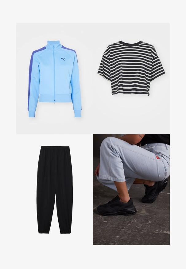Lyseblå zip-jakke med ståkrave, lilla skulderstriber og forlommer. Har ribbede manchetter og kant, samt et logo på brystet.; Ribbet cropped t-shirt i navy og hvid. Korte ærmer, rund halsudskæring, blødt stof med vandrette striber og en afslappet pasform.; Sort, lette bukser med elastisk talje og sammenfoldede ankler. Stoffet er glat og har et afslappet, indsnævret design.; Sorte atletiske sneakers med en tekstureret overdel, tykk sål og luftdæmpning. Parret med lyseblå cropped bukser i en afslappet stilling.