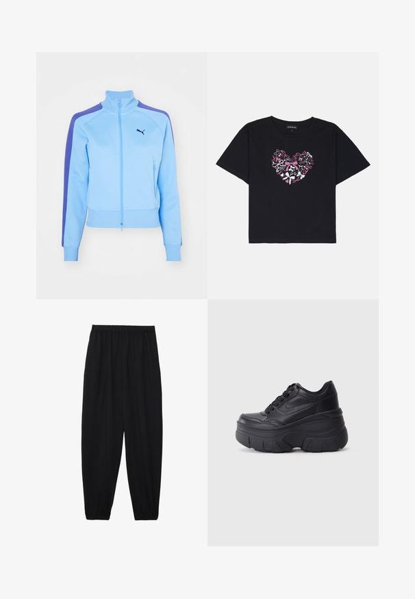 Hele sinine tõmblukujope, millel on püsti krae, lilla õlavarre triipudega ja ees taskud. Omab soonikkoes varruka otsi ja äärt ning rinda on pandud logo.; Must värviline puuvillane T-särk lühikeste varrukatega, millel on südamekujuline disain, mis koosneb roosa, valge ja musta värvi kaarist. Süda asub T-särgi keskosas.; Mustad, kerge kangas püksid elastse vöökoha ja kokku volditud pahkluudega. Kanga pind on sile ja disain on lõdvestunud, kitsenev.; Mustad mustaga värvi kingad, millel on paks tald, sile nahk peals, ümar nina ja eristuva kihilise platvormi disain.