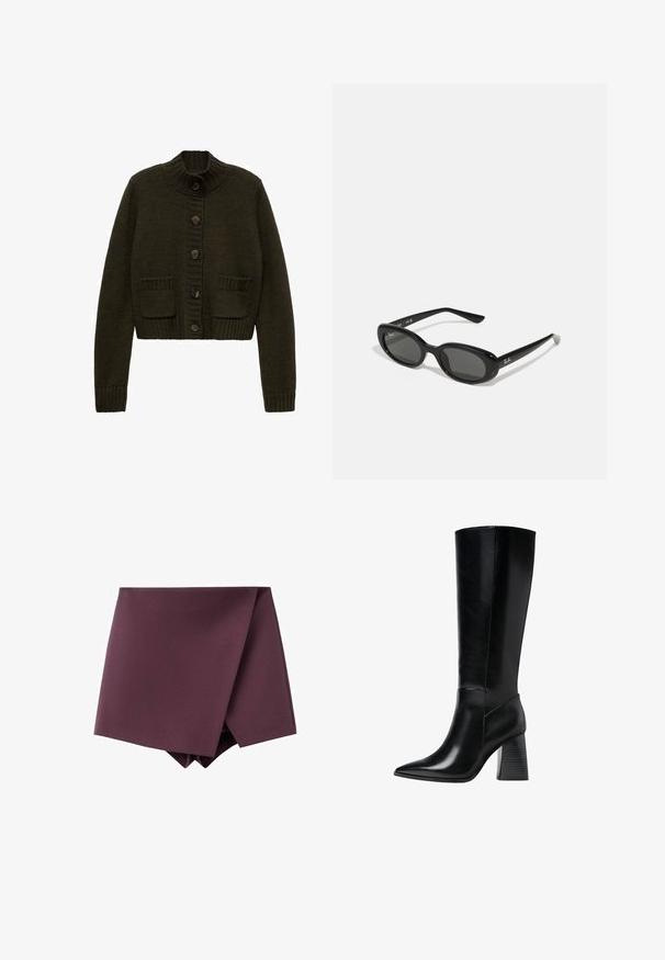 Dunkelgrüne Strickjacke mit hohem Kragen, fünf Knöpfen und zwei vorderen Taschen. Mit gerippten Bündchen und Saum.; Kurzärmliges, tiefburgunderfarbendes Poloshirt aus strukturiertem Stoff, mit V-Ausschnitt, drei Knöpfen und einem verstärkten Kragen.; Dunkelviolette asymmetrische Minirock mit einem Wickel-Frontdesign und glatter Stofftextur.; Knöchelhohe schwarze Lederstiefel mit spitzem Schuhkopf, glatter Textur und einem stabilen, profilierten Blockabsatz. Schlankes Design mit minimalen Akzenten.; Schwarze Sonnenbrille mit ovalen Gläsern, glänzendem Kunststoffrahmen und schlanken Bügeln. Mit Ray-Ban-Logo in Weiß an der Seite.; Schwarze Lederhandtasche mit goldenen Hardware-Akzenten, ausgestattet mit einem charakteristischen Verschluss, einem abnehmbaren Schultergurt und einer strukturierten Oberfläche.