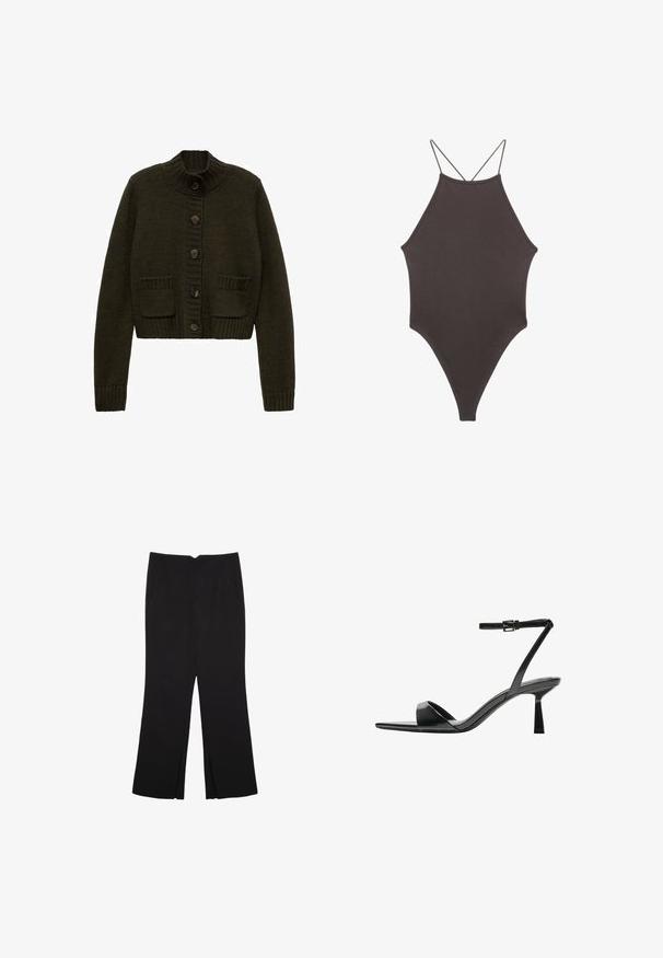 Mörkgrön stickad cardigan med hög krage, femknappsstängning och två framfickor. Har ribbade manschetter och nederkant.; Brun, hög nacke baddräkt med tunna, justerbara remmar; har högskuren ben och slät textur. Inga mönster eller dekorationer.; Svarta byxor med rak passform, utrustade med framfickor och sidoklyvningar vid fållen. Tillverkade av mjukt, slätt tyg. Lämpliga för olika tillfällen.; Bershka Sandaletter - black