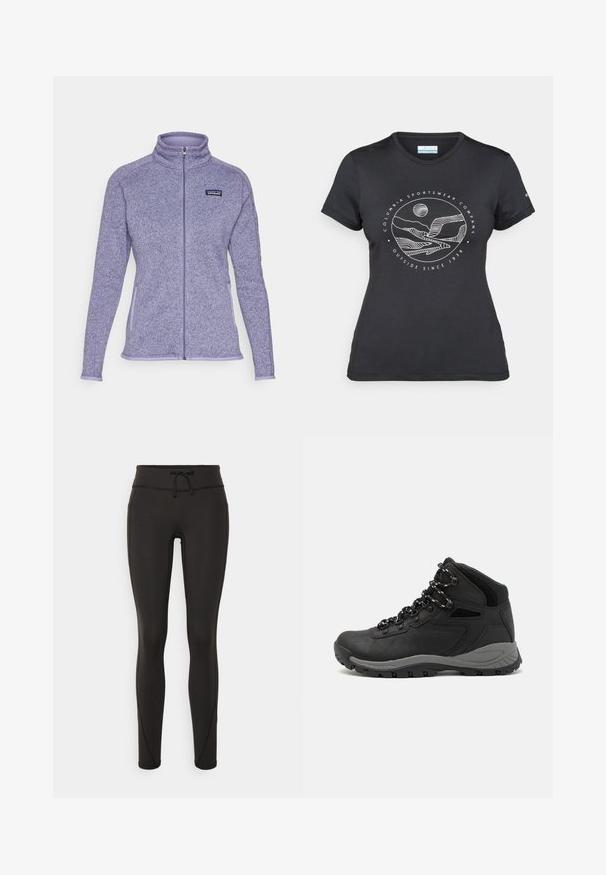 Casaco de polar roxo com gola alta, fecho completo, dois bolsos laterais, acabamento em roxo claro contrastante e logótipo da Patagonia no peito.; T-shirt preto da Columbia com arte em linha branca circular representando montanhas e rios, e o texto "Columbia Sportswear Company Outside Since 1938."; Leggings pretos com uma cintura alta, cordão, textura suave e design ajustado. Apresentam detalhes de costura ao longo das laterais.; Bota de caminhada preta com design de cano médio, apresentando um upper texturizado, detalhes cinzentos e sola de borracha durável com cravos de tração.