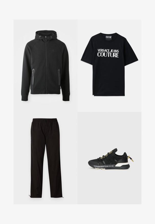 Sudadera con cremallera negra hecha de tela suave, con capucha, mangas raglán, dos bolsillos con cremallera y un pequeño logo en el pecho.; Camiseta de algodón negra con mangas cortas que presenta un gran texto blanco "VERSACE JEANS COUTURE" en la parte delantera. Diseño clásico de cuello redondo.; Pantalones ligeros negros con cintura elástica, cierre de cordón y bajos con cremallera para un ajuste ajustable. Textura suave y elegante.; Zapatillas deportivas negras con un diseño elegante, que presentan una marca dorada, cordones elásticos y una suela texturizada con acentos blancos.