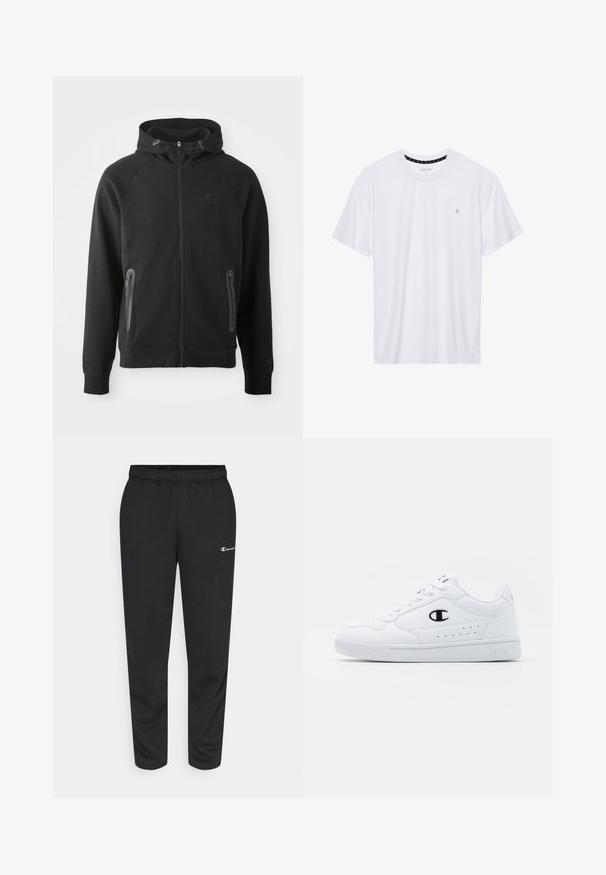 Sweat à zip noir en tissu doux, avec capuche, manches raglan, deux poches zippées et un petit logo sur la poitrine.; T-shirt blanc à col rond en coton, avec des manches courtes et un petit logo brodé sur la partie gauche de la poitrine. Texture douce.; Pantalon de survêtement noir en mélange de coton, avec une taille élastique et un petit logo blanc sur le côté gauche. Conception à jambes fuselées.; Baskets de sport blanches avec une tige synthétique lisse, accent logo noir et détails perforés sur le côté. Semelle en caoutchouc.