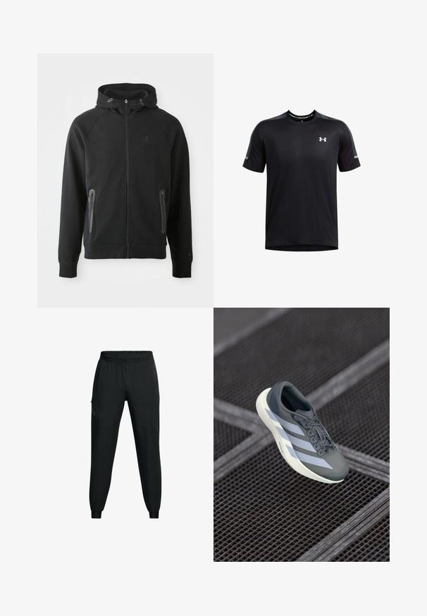 Črna zip-up jopica iz mehkega materiala, z kapuco, raglan rokavi, dvema žepoma na zadrgo in majhnim logotipom na prsih.; Črna atletska majica s kratkimi rokavi, izdelana iz tkanine, ki odvaja vlago. Ima siva poudarjena mesta na ramenih in majhen logo na prsih.; Črne športne hlače z elastičnim pasom, zoženim krojem nogavic, stranskimi žepi in kontrastnimi panelnimi detajli. Lahka, gladka tkanina.; Športna obutev v sivi in beli barvi, izdelana iz sintetičnega materiala, z aerodinamičnim dizajnom, teksturirano površino in izrazitim sistemom vezalk.