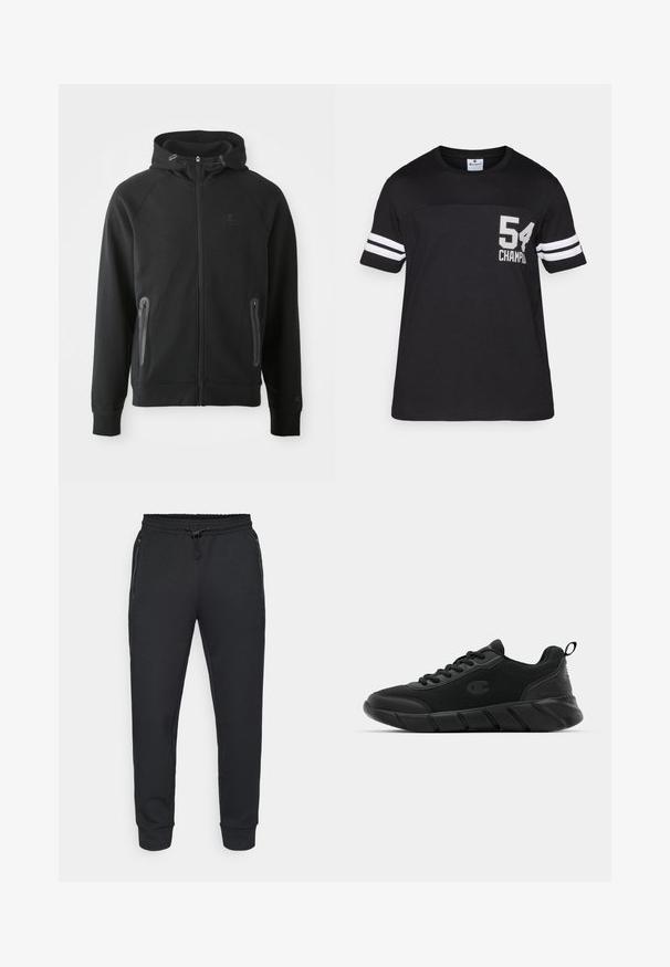 Schwarze Zip-Hoodie aus weichem Stoff, mit Kapuze, Raglanärmeln, zwei mit Reißverschluss versehenen Taschen und einem kleinen Logo auf der Brust.; Schwarzes Baumwoll-T-Shirt mit Rundhalsausschnitt, mit weißen Streifen an den Ärmeln und der Zahl "54" sowie "CHAMPION" in Grau bedruckt.; Schwarze sportliche Jogginghosen mit einem elastischen Bund und Kordelzug, seitlichen Reißverschlusstaschen und gerippten Bündchen. Hergestellt aus einem weichen, strukturierten Stoff.; Schwarze Sport Sneakers mit einem Obermaterial aus Mesh, verstärkter Zehenkappe, strukturiertem Mittelsohle und einem Zuglasche an der Hinterseite für einfaches Anziehen. Logo an der Seite angebracht.