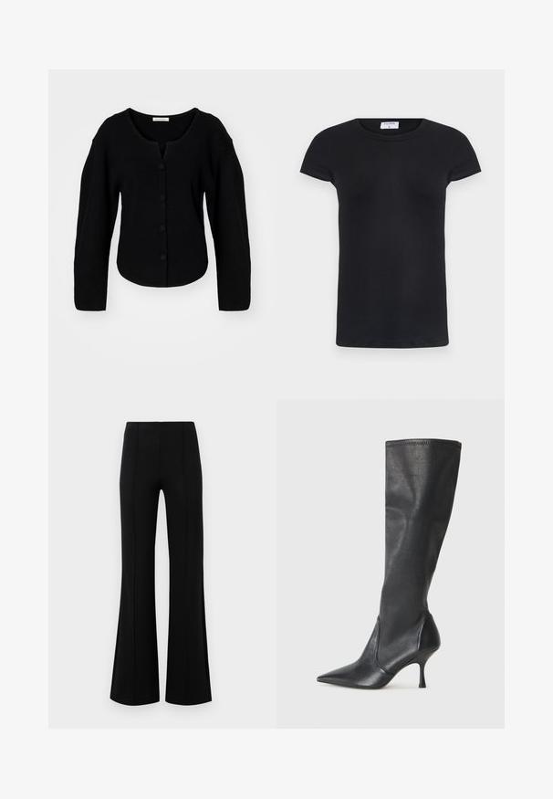 Μαύρο, πλεκτό πλεκτό καρντιγκάν με στρογγυλή λαιμόκοψη, κλείσιμο με κουμπιά και φαρδιές μανίκες. Διαθέτει cropped γραμμή και απαλό υφή.; Μαύρο ριγωτό μπλουζάκι με στρογγυλή λαιμόκοψη και κοντά μανίκια. Μαλακό ύφασμα με εφαρμοστό σχήμα, με ετικέτα στο λαιμό.; Μαύρο φούστα παντελόνι με ψηλή μέση, φτιαγμένο από ελαστικό ύφασμα. Διαθέτει κατακόρυφες ραφές στην μπροστινή πλευρά και απαλή υφή.; Μαύρες δερμάτινες μπότες μέχρι το γόνατο με μυτερή μύτη και λεπτό τακούνι στιλέτο. Λείος υφασμάτινος σχεδιασμός και ραφή στην άκρη του επάνω μέρους.