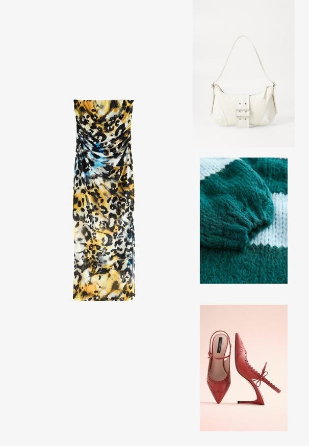 Tyrkysový pletený sveter s rebrovaným manžetou a kontrastným bielym pruhovaním. Mäkká textúra s voľnými, nadýchanými detailmi z priadze.; Šaty s leopardím vzorom vyrobené z jemného, ľahkého materiálu. Majú na sebe nariasenie, sú prevažne žlté s čiernymi a modrými akcentmi. Rovný strih.; Červené kožené sandále na vysokom opätku s ostrou špičkou, zvlnenými okrajmi, výrezmi a jemnou mašľou na remienku okolo päty.; Biela taška cez rameno s textúrovaným povrchom, centrálnou prackou a zakriveným tvarom. Zipsy na oboch stranách.