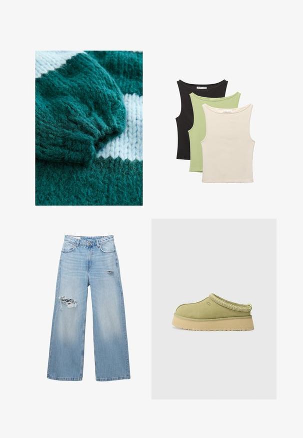 Pull en tricot teal avec un poignet côtelé et un motif de rayures blanches contrastantes. Texture douce avec des détails en fil flottant et duveteux.; Trois débardeurs sans manches en noir, vert clair et beige. Chacun présente un col rond et une texture douce et côtelée.; Jean large bleu clair en denim, avec des zones déchirées au niveau des genoux et un design à cinq poches. Ourlet droit et propre.; UGG TAZZ II - Sabots - muted brass