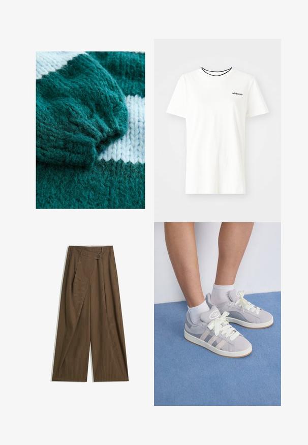 Türkis gestrickter Pullover mit einem gerippten Bündchen und einem kontrastierenden weißen Streifenmuster. Weiche Textur mit lockeren, flauschigen Garn-Details.; Weißes Baumwoll-T-Shirt mit kurzen Ärmeln und rundem Halsausschnitt. Mit einem schwarzen Adidas-Logo auf der Brust und einem kontrastierenden schwarzen Innenkragen.; Braune weite Hose mit dünnen weißen Streifen, hoher Taillenschnitt, vorderer Knopfverschluss und Überwurfpanel im Wickelstil.; Graue Wildleder-Sneaker mit weißen Schnürsenkeln und Gummisohle, die drei diagonale Streifen an der Seite und ein Logo-Patch auf der Zunge aufweisen.