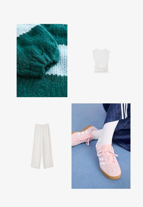 Maglione lavorato a maglia color turchese con polsini a costine e un motivo a strisce bianche in contrasto. Texture morbida con dettagli in filato soffice e vaporoso.; Top bianco a maniche corte con scollo rotondo. Caratterizzato da una texture arricciata lungo i lati e una silhouette aderente, realizzato in materiale morbido e elasticizzato.; Pantaloni a gamba larga bianchi realizzati in un tessuto leggero. Presentano una vita elastica con cordoncino e tasche laterali. Texture liscia.; Sneakers in suede rosa chiaro con strisce e lacci bianchi, dotati di una linguetta testurizzata e di una suola in gomma, posizionati su un tappeto blu.