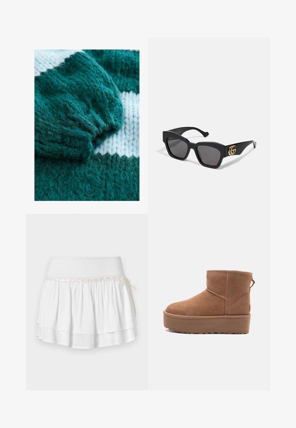 Teal gebreide sweater met een ribbelmanchet en een contrasterend wit streepdesign. Zachte textuur met losse, pluizige garen details.; Witte langemouwen turtle neck shirt van een soepel, rekbaar stof. Heeft een strakke pasvorm en een hoge kraag. Geen zichtbare patronen of accenten.; Witte, gelaagde rok met een elastische tailleband, voorzien van een gestructureerde smockdetail en een decoratieve lintaccent. Katoenen stof.; Tan suède enkellaars met een platformzool, ronde neus en stiksels; heeft een trekband aan de achterkant voor gemakkelijke instap.; Zwarte rechthoekige zonnebril met donkere lenzen, voorzien van een gouden GG-logo aan de zijkant. Gemaakt van glanzend plastic met rechte pootjes.