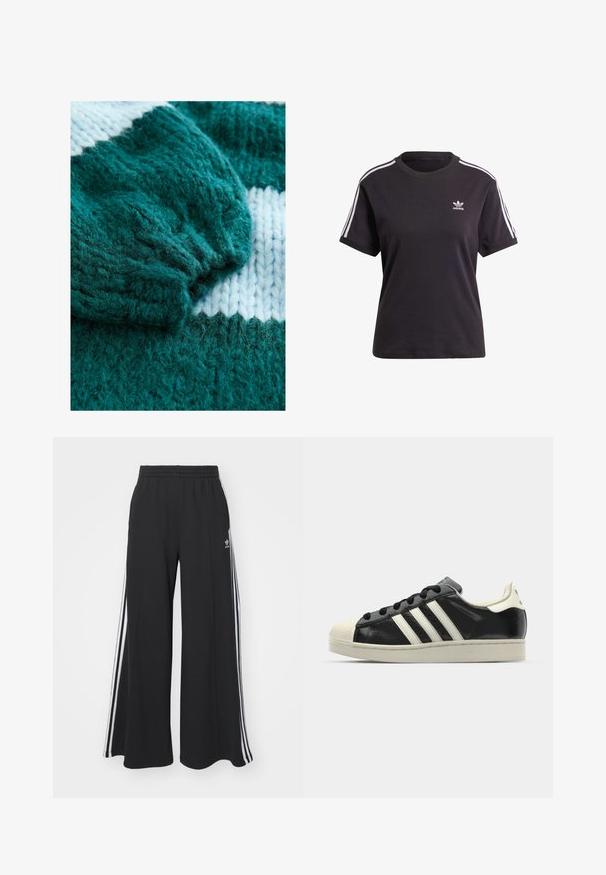 Pulover tricotat de culoare teal, cu manșete cu răsucire și un model de dungi albe contrastante. Textură moale, cu detalii din fire pufoase și libere.; Tricou scurt din bumbac negru, cu mânecă scurtă și guler rotund, având dungi albe pe umeri și un mic logo Adidas alb pe piept.; Pantaloni de trening negri cu croială largă, prevăzuți cu un brâu elastic, având dungi laterale albe și un logo brodat pe coapsa stângă.; Sneaker din piele neagră cu dungi albe, vârf din cauciuc, șireturi negre și talpă de culoare crem. Textură netedă cu finisaj strălucitor.