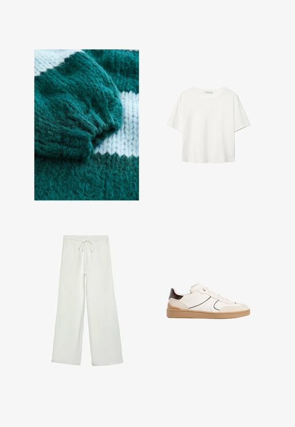 TURKUSOWY sweter dziany z prążkowanymi mankietami i kontrastowym białym wzorem w paski. Miękka struktura z luźnymi, puszystymi detalami włóczki.; Biała koszulka z krótkim rękawem, wykonana z bawełny. Posiada okrągły dekolt i luźny krój. Gładka faktura bez widocznych wzorów czy akcentów.; Białe spodnie o szerokich nogawkach wykonane z miękkiego materiału. Posiadają elastyczny pas ze sznurkiem i gładką teksturę. Brak widocznych wzorów lub elementów metalowych.; Stradivarius - Sneakersy niskie