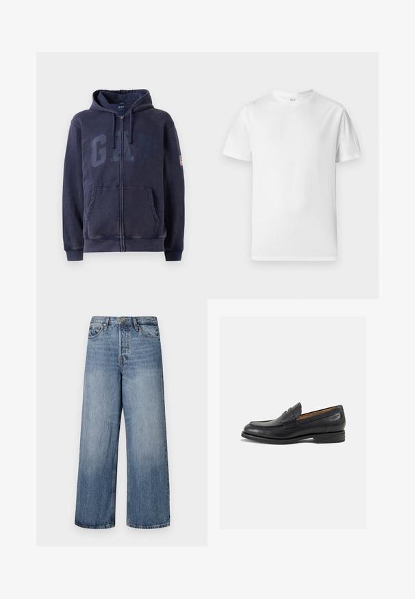 Casaco com fecho éclair azul-marinho feito de um tecido de mistura de algodão, apresentando um grande logótipo "GAP" na frente, capuz com cordão e bolsos laterais.; T-shirt branco de mangas curtas feito de algodão macio. Apresenta um decote redondo e uma bainha reta com detalhes mínimos.; Calças de ganga azuis de pernas largas com um efeito desbotado, design de cinco bolsos e fecho de botão. Equipadas com passantes para cinto e detalhes cosidos.; Mocassins pretos de pele com um acabamento suave, bico redondo e costura decorativa no a parte superior. Salto baixo e empilhado com um ligeiro brilho.