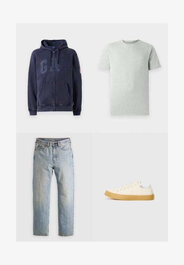 Sudadera con cremallera de color navy hecha de una mezcla de algodón, con un gran logo "GAP" en la parte delantera, capucha con cordón y bolsillos laterales.; Camiseta de corte clásico de manga corta en gris claro liso, mostrada sobre un fondo blanco, vista frontal sin logotipos ni diseños visibles.; Jeans de mezclilla azul claro de cintura alta, con botón frontal, cremallera y diseño de cinco bolsillos, dispuestos sobre un fondo neutro.; Zapatillas de lona en color blanco roto con punta redonda, que cuentan con suelas de goma beige y cinco ojetes para los cordones, acabado texturizado en la parte superior.