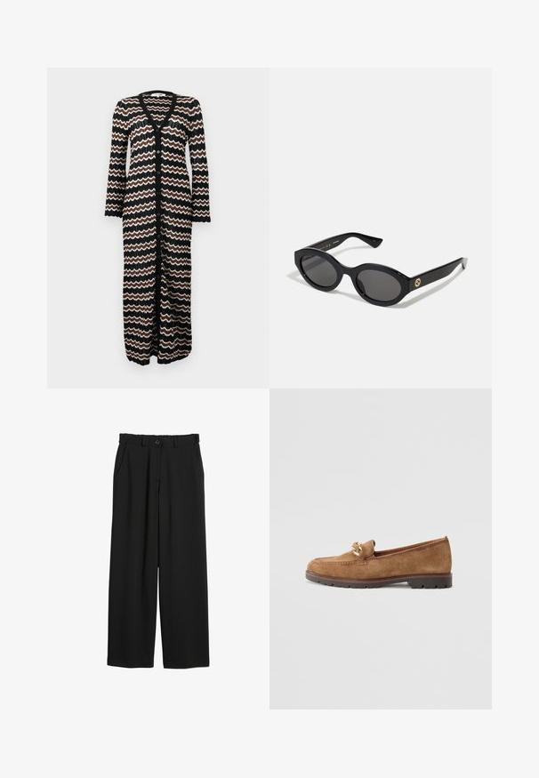 Pitkä neuletakki, jonka musta pohja on koristeltu ruskeilla ja kermailla zigzag-kuvioilla. Valmistettu kevyestä neuleesta, jossa on napit edessä.; Ruskea pitkähihaisneule, jossa on kauluksen yläosa, napitettava etuosa ja poimutustiedot. Valmistettu sileästä kankaasta, joka on muotoon sopiva.; Mustat leveälahkeiset housut, jotka on valmistettu sileästä kankaasta. Niissä on joustava vyötärö, etutaskut ja nappikiinnitys vyötäröllä.; Tamaris Loaferit/pistokkaat - camel; Mustat soikeat aurinkolasit tummilla linsseillä ja kiiltävästä muovista valmistetulla kehällä. Varustettu kullanvärisellä logolla temppeleissä, tarjoten tyylikkään ja modernin muotoilun.