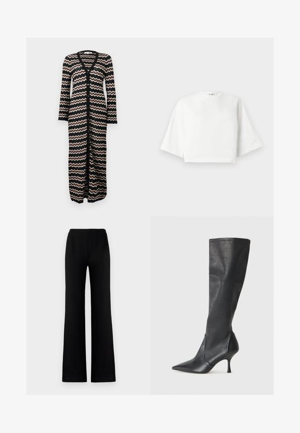 Cárdigan largo con base negra y patrones en zigzag en marrón y crema. Confeccionado en un punto ligero y con botones en la parte delantera.; Camiseta blanca corta con ajuste relajado, mangas cortas y anchas, escote redondo y aberturas laterales, hecha de suave material de algodón.; Pantalones negros de pierna ancha, confeccionados en una tela suave con cinturilla elástica, que presentan una textura lisa y sin bolsillos visibles ni adornos.; Botas de cuero negro hasta la rodilla con punta afilada y tacón de aguja delgado. Textura suave con un diseño ajustado y costuras en el borde superior.