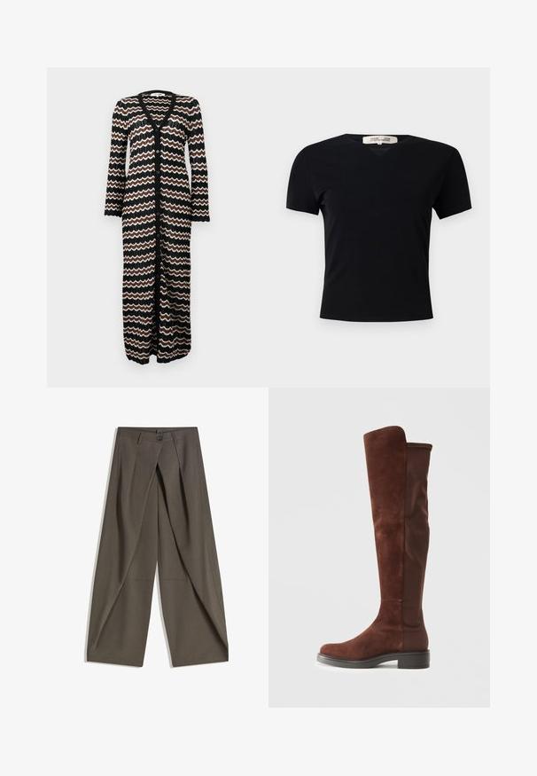 Cardigan lung cu un fundal negru, cu modele în zigzag în nuanțe de maro și crem. Fabricat dintr-un tricot ușor, cu nasturi pe toată lungimea frontală.; Tricou negru, cu mânecă scurtă, de tip V, confecționat dintr-un material neted și elastic. Prezintă o siluetă simplă, clasică, fără embellishments.; Pantaloni largi confecționați dintr-un material texturat, de culoare gri închis. Au un pliu frontal, închidere cu nasture și buzunare laterale pentru confort.; Botă înaltă din suede și țesătură maro, cu toc negru jos și vârf rotund, prezentată dintr-o laterală pe un fundal alb simplu.
