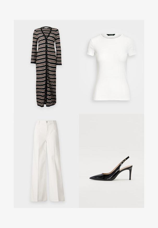 Dolgi kardigan z črno podlago in zigzag vzorci v rjavi in kremni barvi. Narejen je iz lahkega pletenega materiala z gumbi na sprednji strani.; Bela bombažna majica s kratkimi rokavi, okroglim ovratnikom, prilegajočim krojem in gladko teksturo. Oznaka logotipa na ovratniku.; Bele široke hlače iz bombaža z gladko teksturo. Imajo gumb spredaj, zadrgo in zasnovo z štirimi žepi.; Črne lakirane slingback čevlje z izostrenim nosom, ozkim peto in subtilnim izrezom. Na traku je zlata sponka.