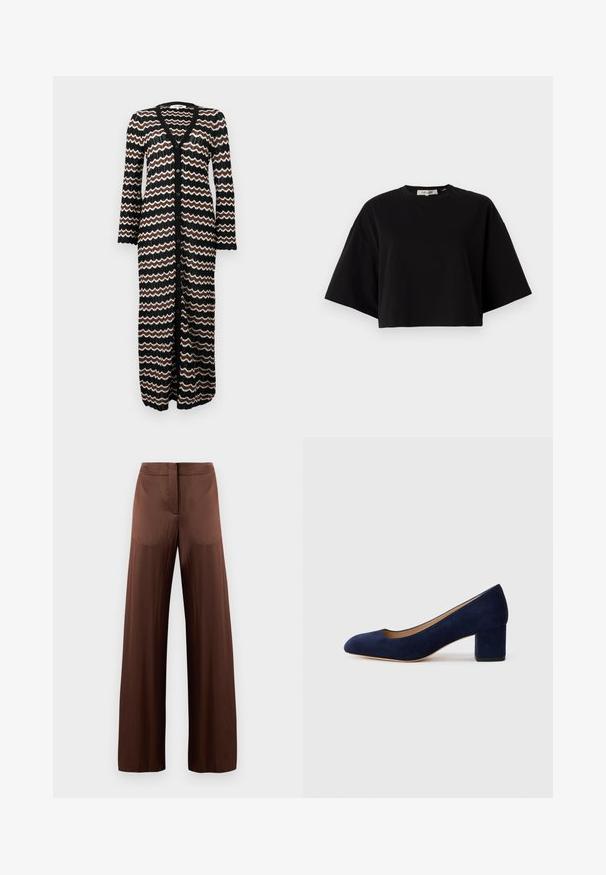 Cardigan longo com uma base preta e padrões em zigzag em castanho e creme. Feito de um tecido de malha leve com botões na frente.; T-shirt cropped preto feito de algodão, com decote redondo e mangas curtas e largas para um ajuste solto. Textura suave, design simples.; Calças largas castanhas feitas de um tecido leve e suave, apresentando uma frente plana, sem bolsos e uma silhueta reta.; Salgados de camurça azul-marinho com bico fino e um salto quadrado de altura média. Textura suave com um ligeiro brilho e um pequeno corte na parte da frente.