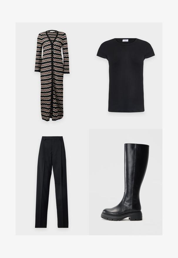 Dolgi kardigan z črno podlago in zigzag vzorci v rjavi in kremni barvi. Narejen je iz lahkega pletenega materiala z gumbi na sprednji strani.; Črna rebrasta majica s kratkimi rokavi in okroglo ovratnikom. Mehka tkanina s prilegnjenim krojem, ki ima etiketo na vratu.; Črne hlače iz gladkega materiala, ki imajo visok pas, široke noge, sprednje nabore in klasične zanke za pas. Nevidni stranski žepi.; Črne škornje do kolen iz gladke usnje, z zaobljenim nosom in debelim gumijastim podplatom z vzorci za oprijem.