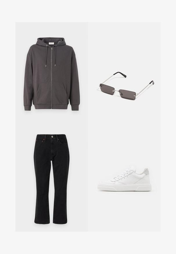Grå hettegenser med glidelås, snøring på hetten, store frontlommer og ribbestrikkede mansjetter; laget av myk, glatt stoff.; Klassisk svart og grå rutete jakke med krage, knapper foran og to brystlommer. Laget av et teksturert stoff.; Svarte denimjeans med rette ben, fem lommer, og metallhardware med kobberdetaljer. Glatt tekstur og middelhøy livhøyde.; Hvite skinnsko med en glat overflate, rund tå, flate lisser og teksturert såle. Grå semsket innfelt ved hælen.; Solbriller med rektangulære, mørkegrå linser, sølvfargede metallrammer og svarte plasttupper på armene. Lett design med nesepuder.