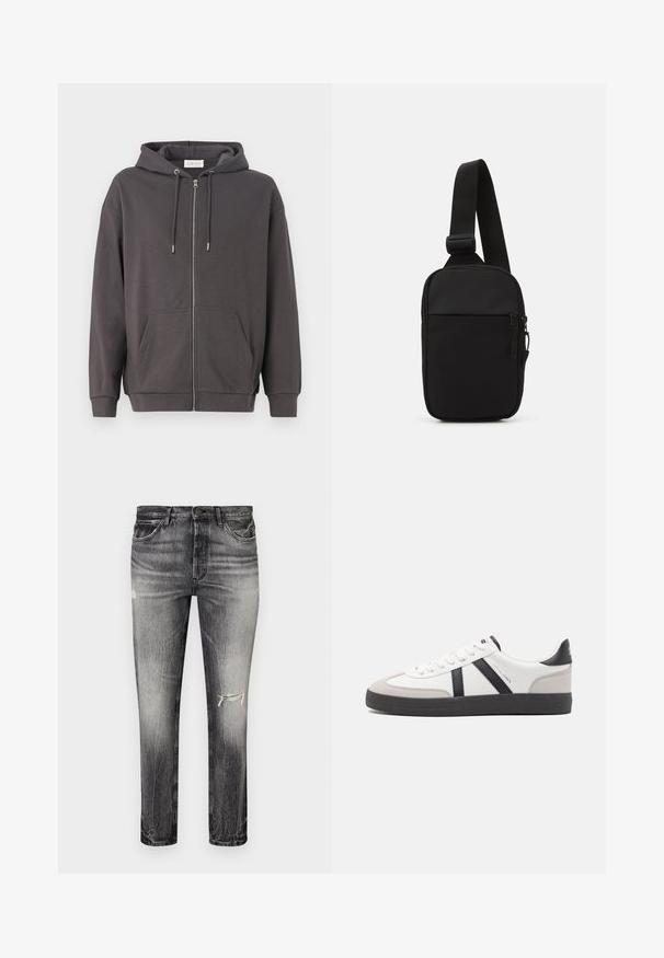 Grå zip-up hoodie med dragsko på huvan, stora framfickor och ribbade mudd; tillverkad av mjukt, slätt material.; Två svarta bomull t-shirts med korta ärmar och rund halsringning. Båda har en röd varumärkesetikett vid halsen. Enkelt, klassiskt design.; Bleka svarta jeans i rak modell, med slitna områden, framfickor och en klassisk knappstängning.; Vit sneaker med svarta och grå accenter, med en strukturerad grå tådel, svart gummisul, och platta vita skosnören. Ren design, minimalistisk stil.; Svart axelväska gjord av slitstarkt tyg, med en justerbar rem, ett zip-försett huvudfack och en framficka.