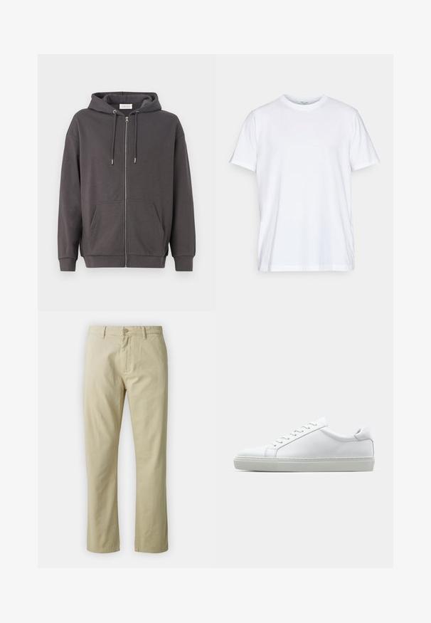 Siva zip-up dukserica s kapuljačom na uzicu, velikim prednjim džepovima i rebrastim manžetama; izrađena od mekanog, glatkog materijala.; Bijela pamučna majica kratkih rukava, s okruglim izrezom i ležernim krojem. Ima minimalistički dizajn, bez uzoraka ili akcenta.; Bež pamučne hlače s ravnim nogavicama, prednjim zatvaranjem na dugme i petljama za remen. Glatka tekstura, bez vidljivih uzoraka ili naglaska.; Bijela tenisica s glatkim kožnim gornjim dijelom i niskim profilom. Ima zaobljen vrh, šest rupica za vezanje i teksturiranu gumenu podlogu.