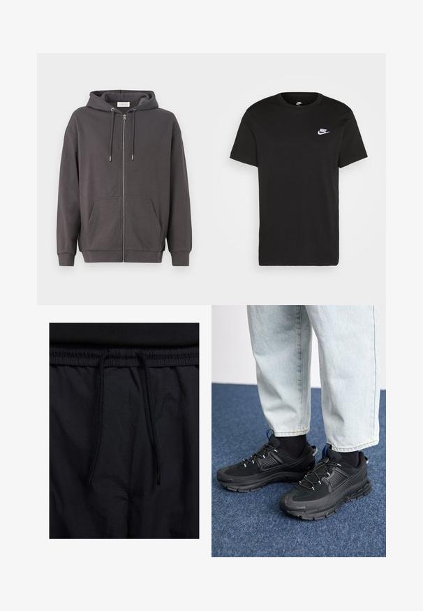 Grijze zip-up hoodie met een capuchon met trekkoord, grote voorzakken en geribbelde manchetten; gemaakt van zachte, gladde stof.; Zwart katoen T-shirt met korte mouwen, ronde hals en een klein wit Nike-logo op de bovenste linkerborst. Gladde textuur. Klassieke pasvorm.; Zwarte shorts met een drawstring tailleband, lichtgewicht stof met een zachte textuur en een eenvoudig ontwerp zonder zichtbare logo's of patronen.; Zwarte sportschoenen met gestructureerde stof en rubberen zolen, met elastische veters en een blauwe accent op de hiel. Draag samen met lichte spijkerbroeken.
