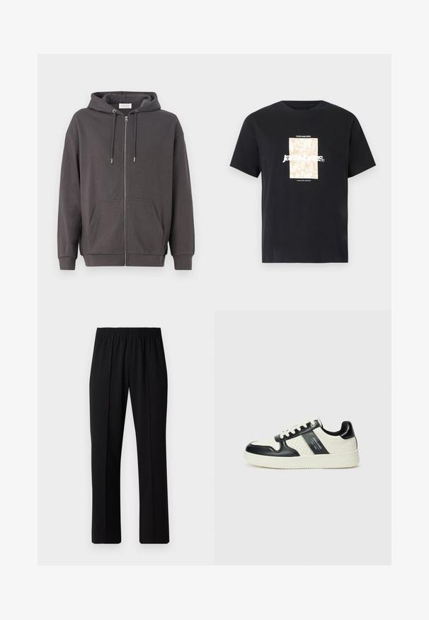 Pilkas užtrauktukas džemperis su raišteliu ant kapisono, didelėmis priekinėmis kišenėmis ir gumbuotais rankogaliais; pagamintas iš minkštos, glotnios medžiagos.; Juodas medvilninis marškinėliai su apvaliu kaklu. Ant priekinės pusės yra smėlio spalvos stačiakampis grafikas ir baltas tekstas "JAWO", centrinėje dalyje. Trumpi rankoviai.; Juodos, elastingos juosmens kelnės su tiesiomis kojomis, turinčios lygų paviršių ir be matomų raštų ar detalių.; Odiniai sportbačiai juodos ir kreminės spalvų schemoje, su perforuotais akcentais, paminkštinta apykakle ir tekstūruotu padu.